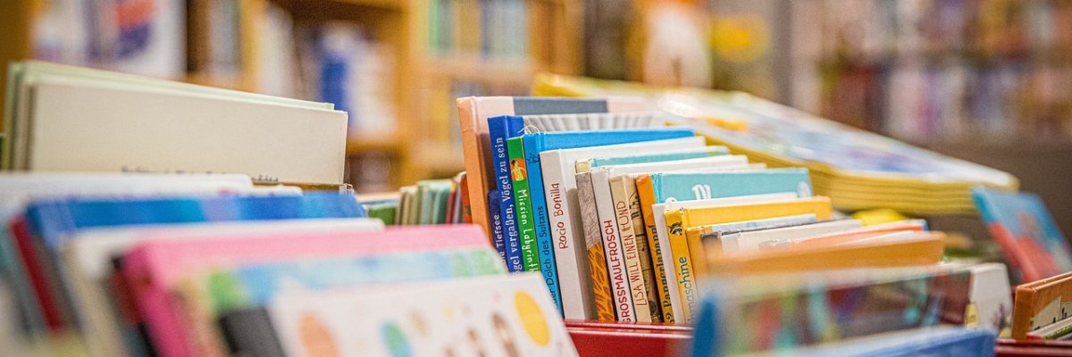 Bilderbücher in einer Bilderbuchkrippe in Seitenansicht